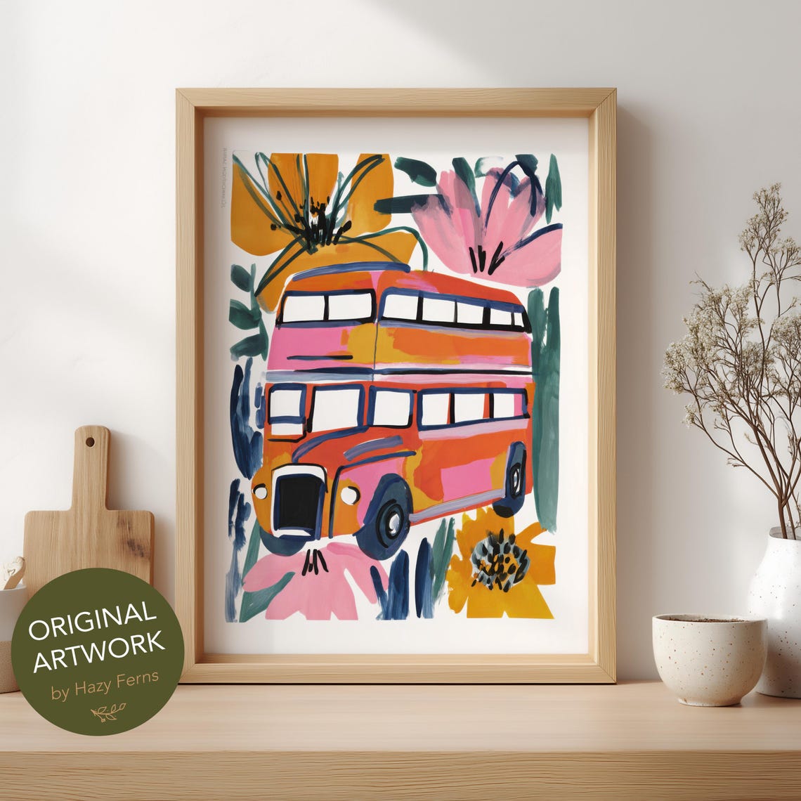 Red Double Decker London Bus With Flowers Playful Abstract Print