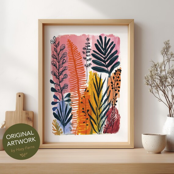 Orange Navy Fern Leaves Abstract Botanical Gouache Style Wall Art