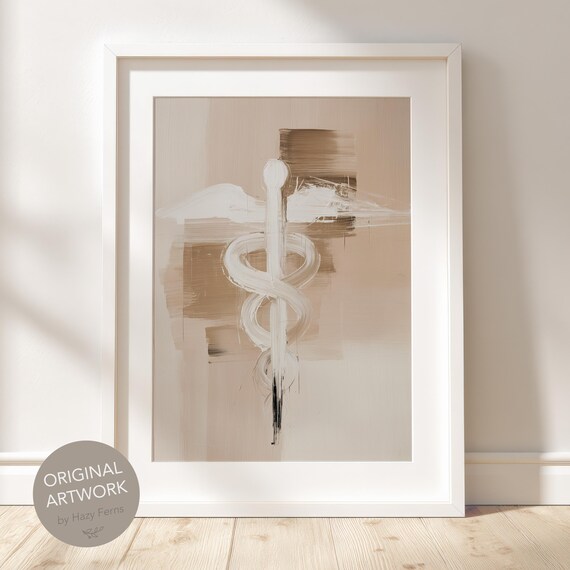 Abstract Caduceus Print Beige Brushstrokes Doctor Office Art