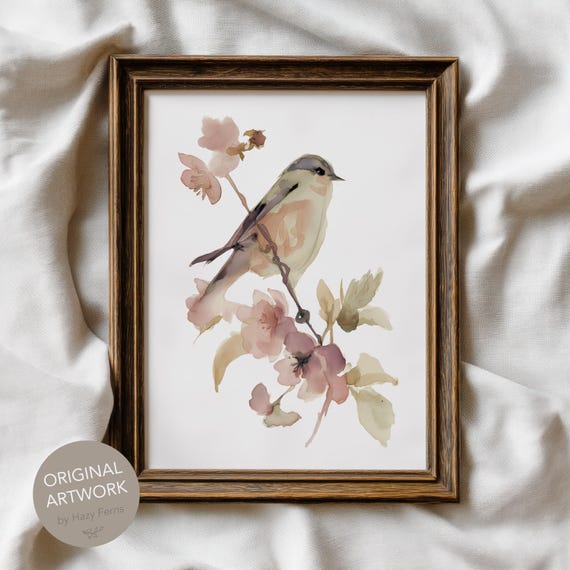 Bird On Branch Watercolor Print Soft Pastel Spring Floral Art Muted Botanical Wall Decor Lover Gift