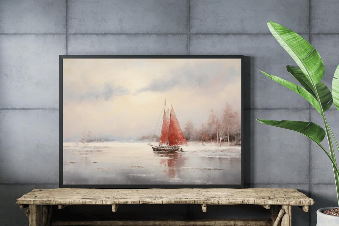 Red Sails Sailboat Calm Silver Waters Vintage Nautical Oil Painting - Image 4
