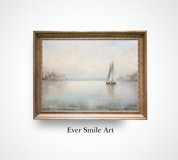 Sailboat Misty Lake Calm Waters Vintage Oil Painting Nautical Print