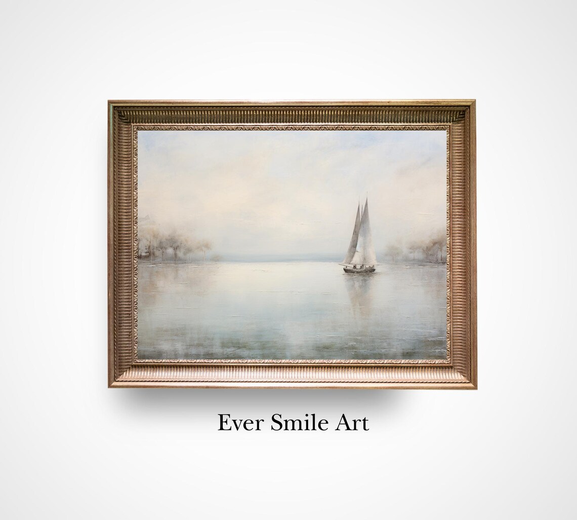 Sailboat Misty Lake Calm Waters Vintage Oil Painting Nautical Print