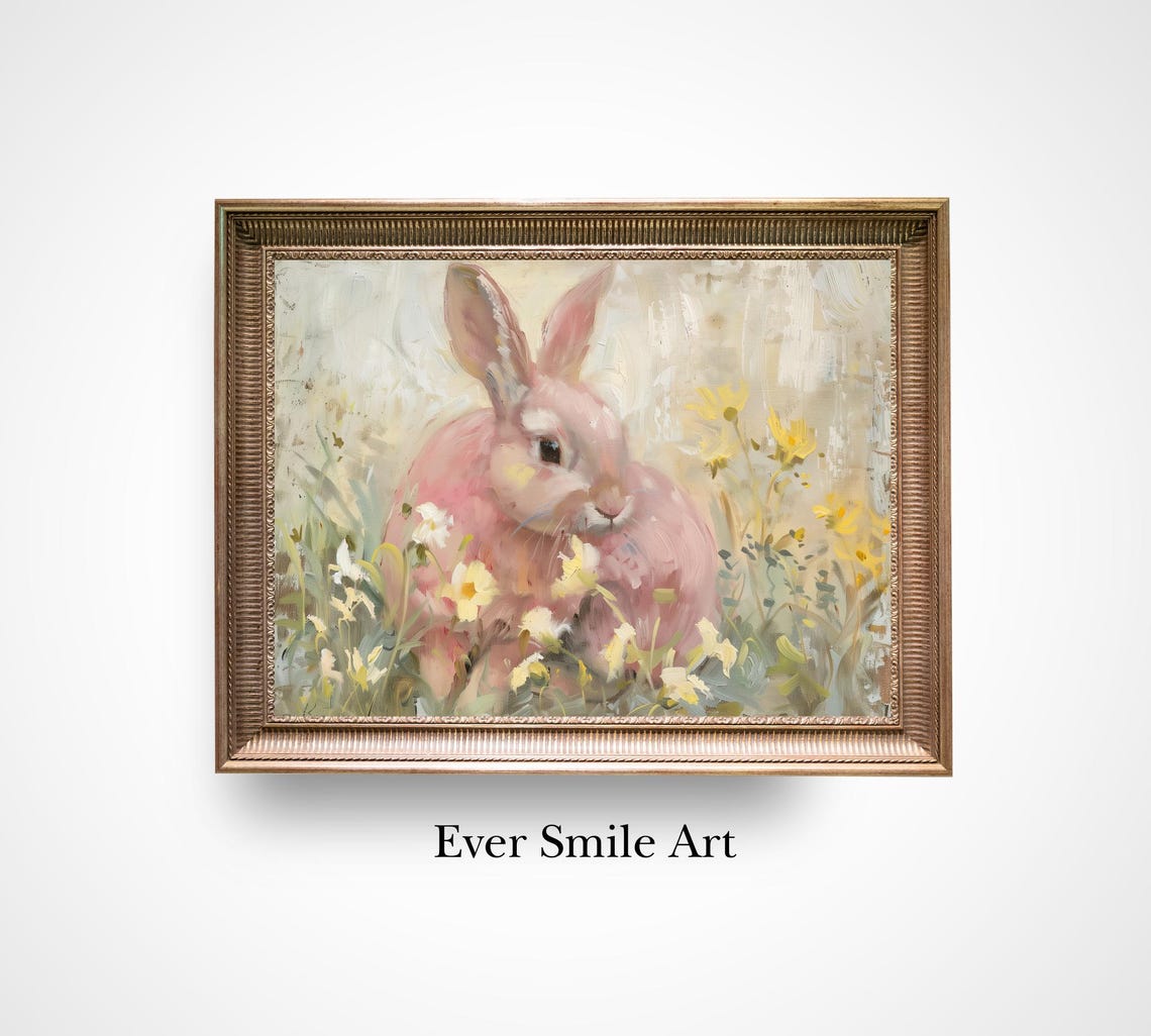 Pink Bunny In Wildflower Meadow Soft Vintage Easter Rabbit Art Poster