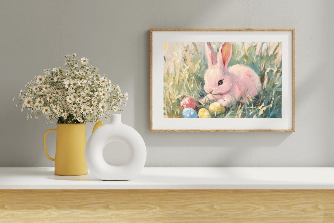 Pink Easter Bunny With Painted Eggs Vintage Spring Grass Art Poster - Image 5