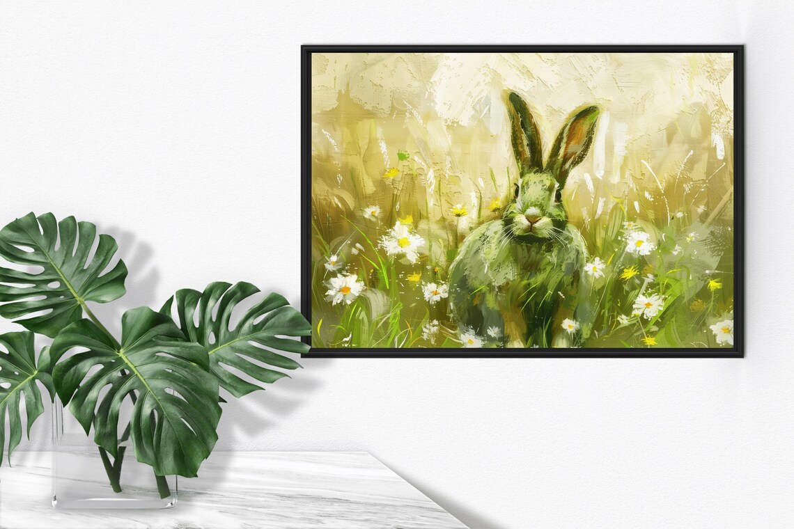 Green Bunny Among Daisies Vintage Spring Wildflower Rabbit Art Poster - Image 4