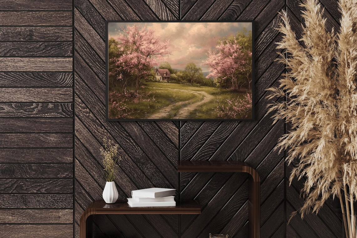 Spring Cottage Pink Blossom Trees Winding Path Country Cottagecore Art Poster - Image 2
