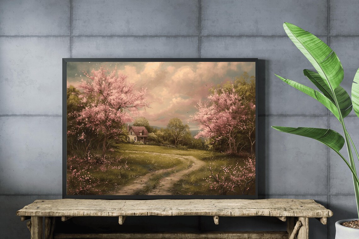 Spring Cottage Pink Blossom Trees Winding Path Country Cottagecore Art Poster - Image 4