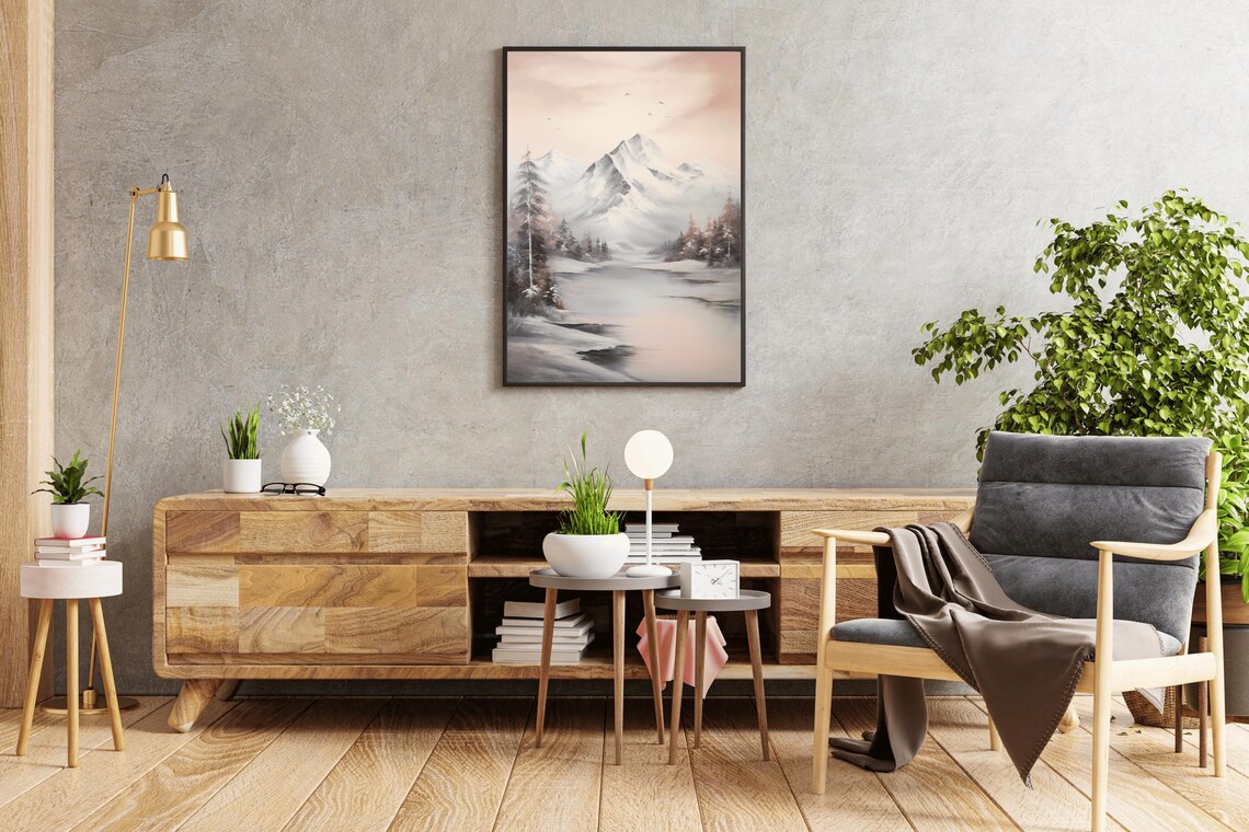 Snowcapped Mountain Pink Sky Still Lake Vintage Oil Painting Poster - Image 5