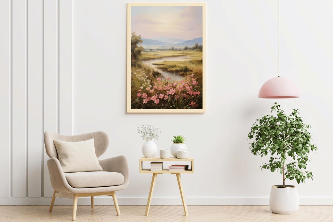 Pink Wildflowers Stream Golden Valley Hazy Mountains Pastel Sky Poster - Image 2
