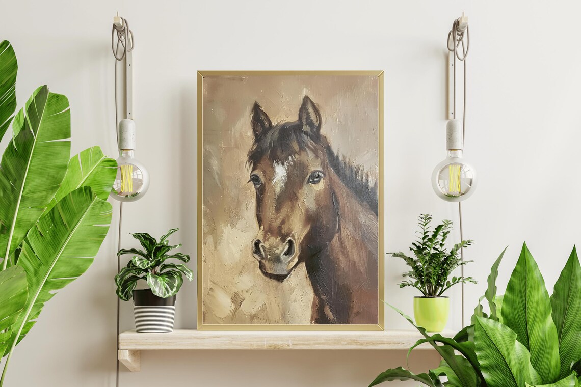 Brown Horse Portrait Close Up Gentle Eyes Vintage Equine Oil Painting - Image 4