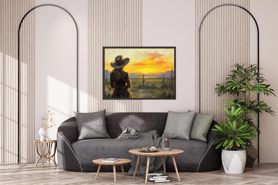 Cowgirl Watching Desert Sunset Vintage Western Oil Painting Poster - Image 2