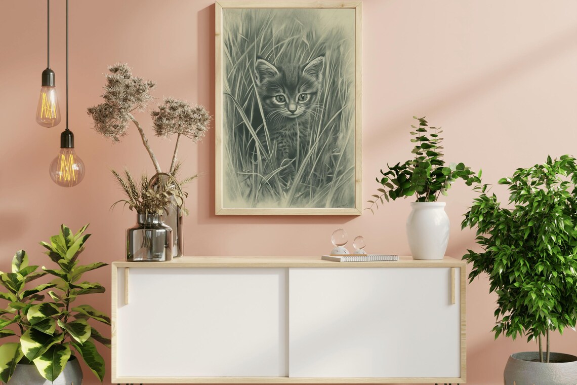 Kitten Hiding In Tall Grass Vintage Green Nursery Cat Sketch Art Poster - Image 3