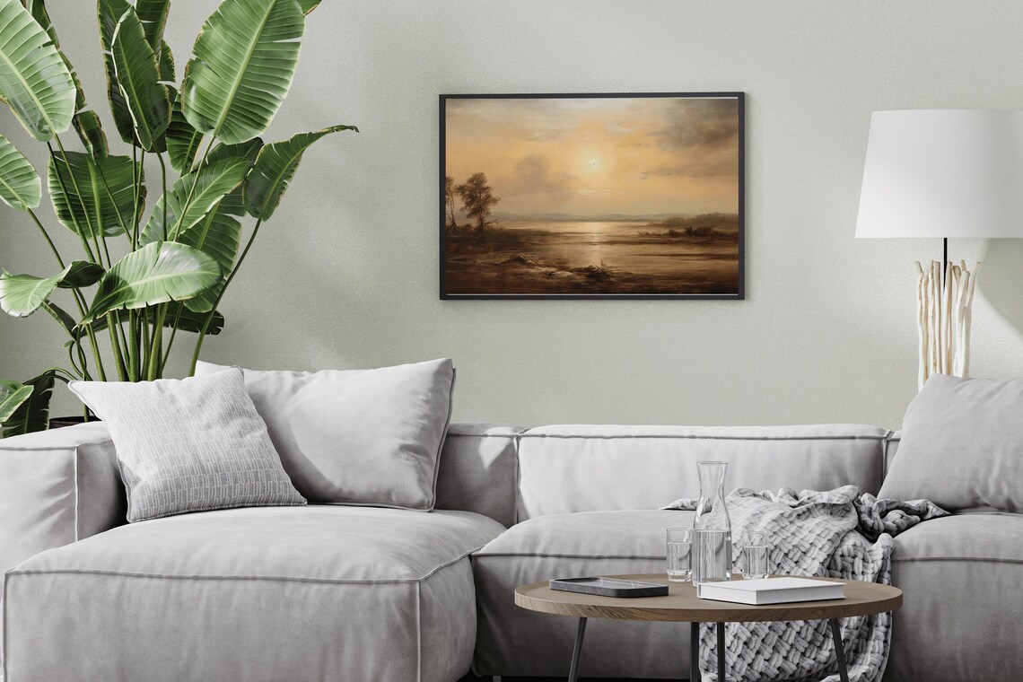 Golden Sunset Calm Lake Shore Lone Tree Warm Haze Nature Art Poster - Image 3