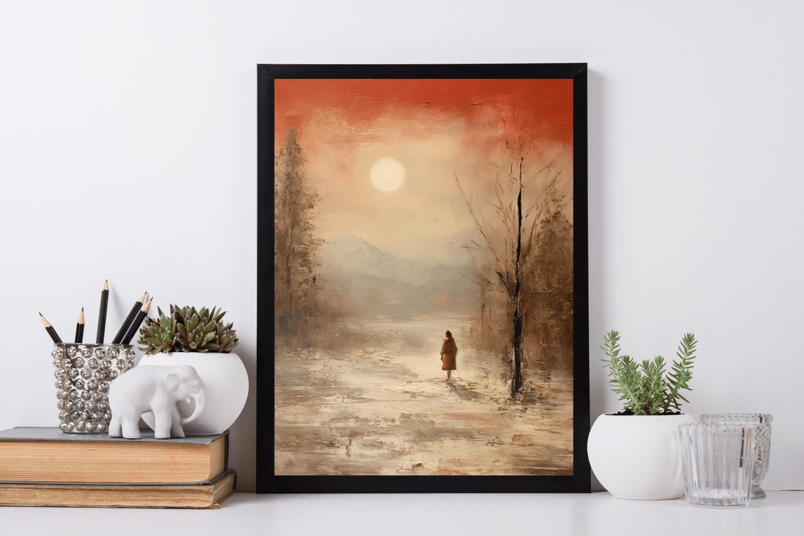 Lone Figure Red Coat Snowy Path Burnt Orange Sunset Winter Art Poster - Image 5