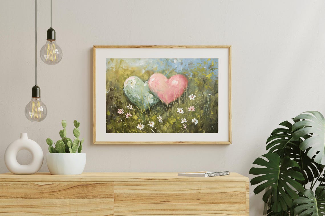 Pink And Mint Hearts In Daisy Meadow Vintage Valentine Art Poster - Image 5