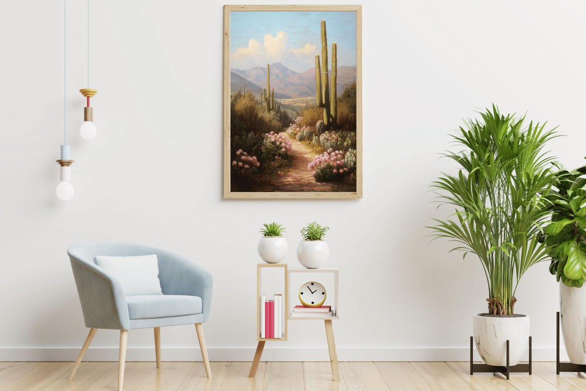 Desert Trail Pink Blooming Cacti Saguaro Mountain Landscape Poster - Image 5