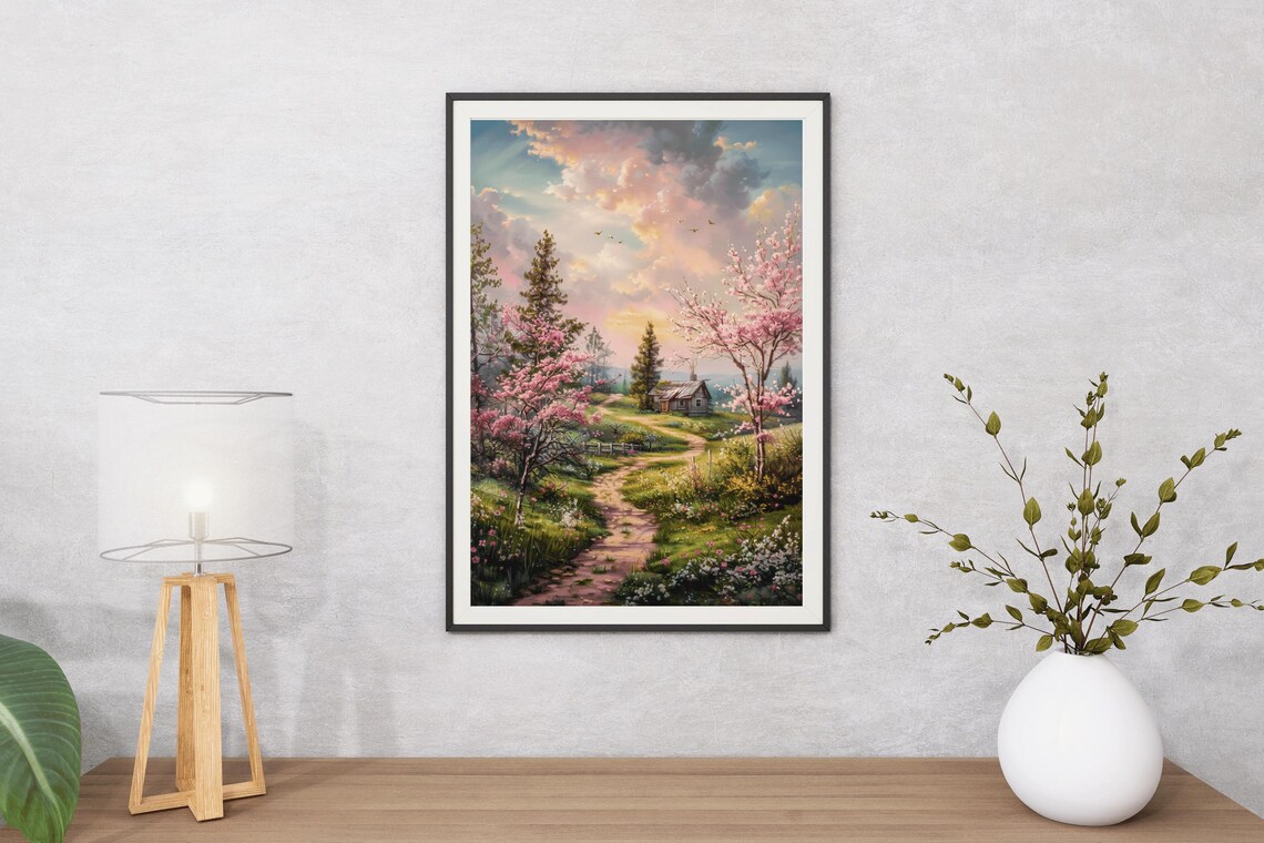 Blossom Path Rustic Cabin Pink Sunset Sky Spring Country Landscape Poster - Image 5