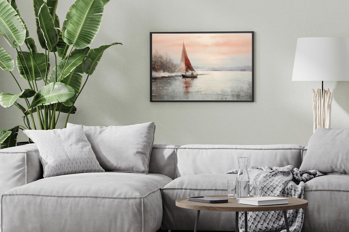 Red Sails Sailboat Sunset Vintage Oil Painting Nautical Wall Art - Image 3