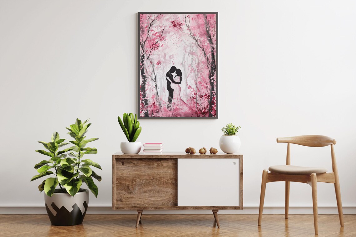 Romantic Couple Oil Painting Embracing With Pregnant Woman Vintage Art Wedding Anniversary Love Valentines Day Gift Art - Image 4