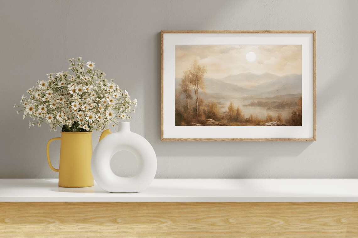 Misty Mountains Lake Golden Hour Vintage Oil Painting Landscape Print - Image 5