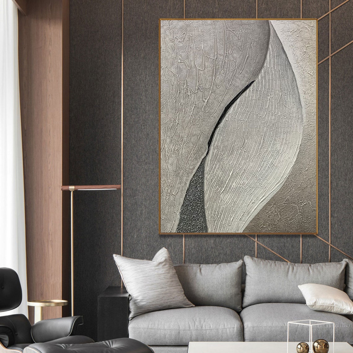 Elegant Cream Curve With Black Line 3D Textured Abstract Art Poster - Image 3