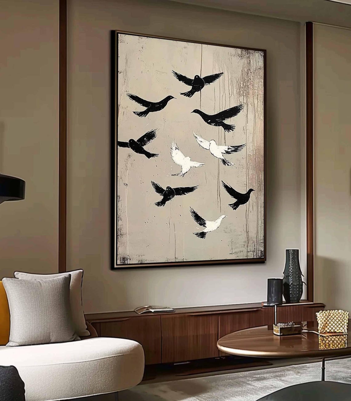 Beige Flying Birds Abstract Minimalist Neutral Tone Canvas Poster - Image 3