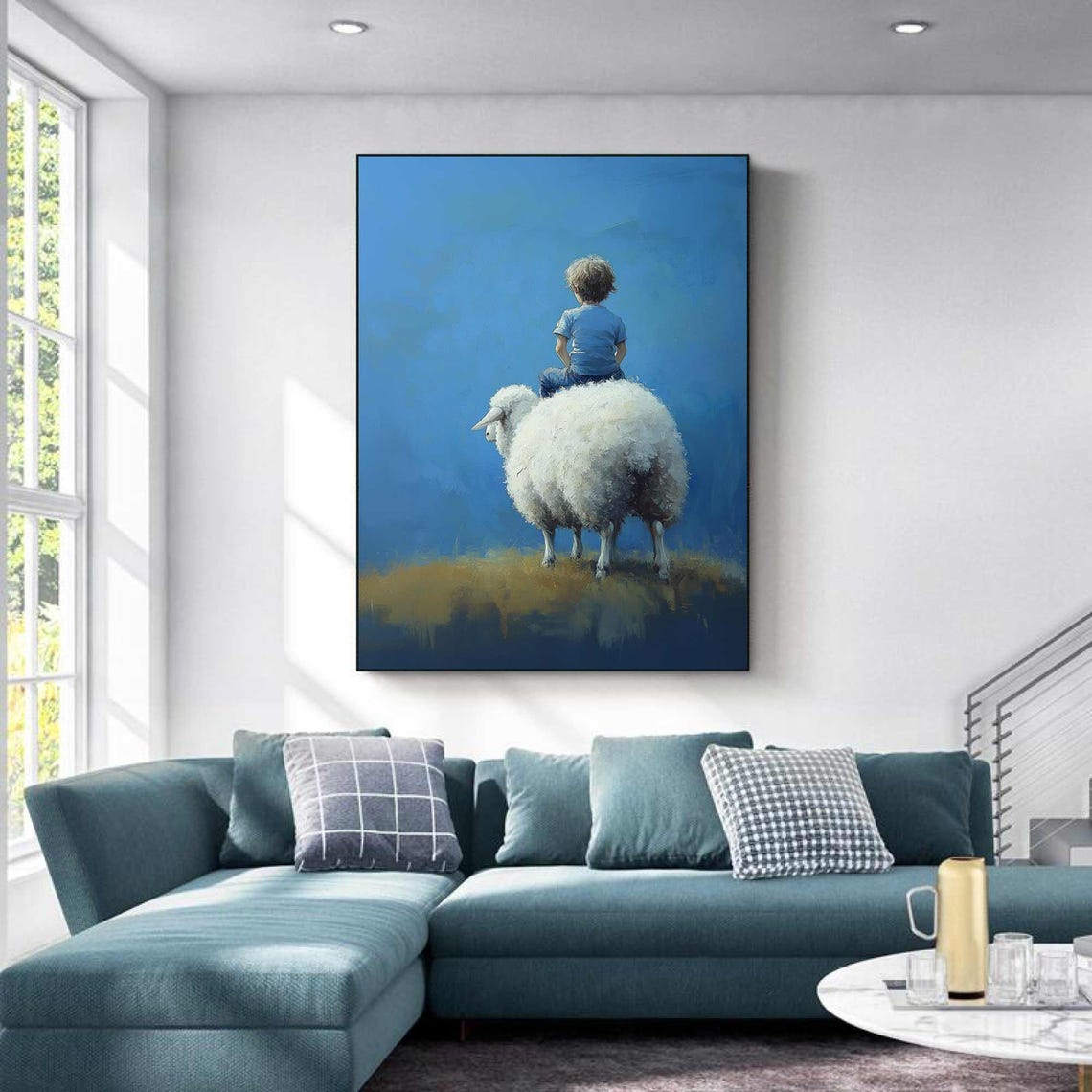Child Riding Fluffy Sheep Blue Surreal Whimsical Animal Art Print - Image 2