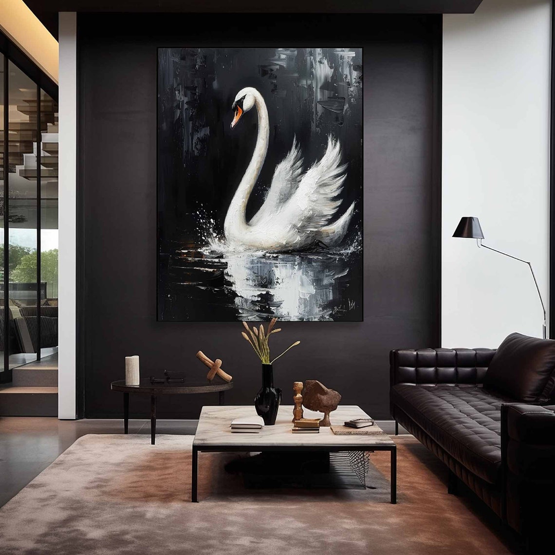 Majestic White Swan Wings Raised on Black Dramatic Oil Art Poster - Image 3