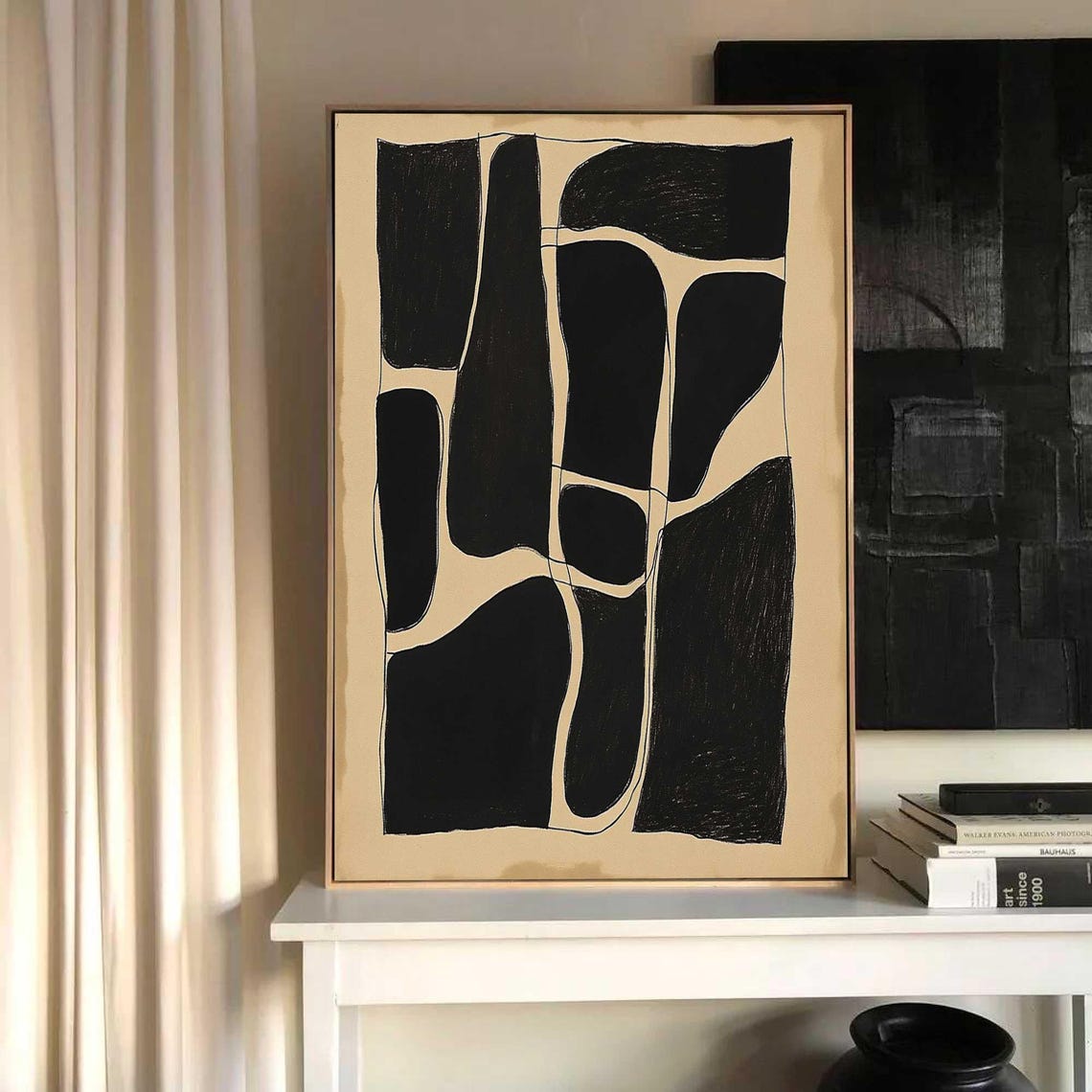 Bold Black Beige Geometric Abstract Art Modern Organic Shapes Wall Art - Image 2