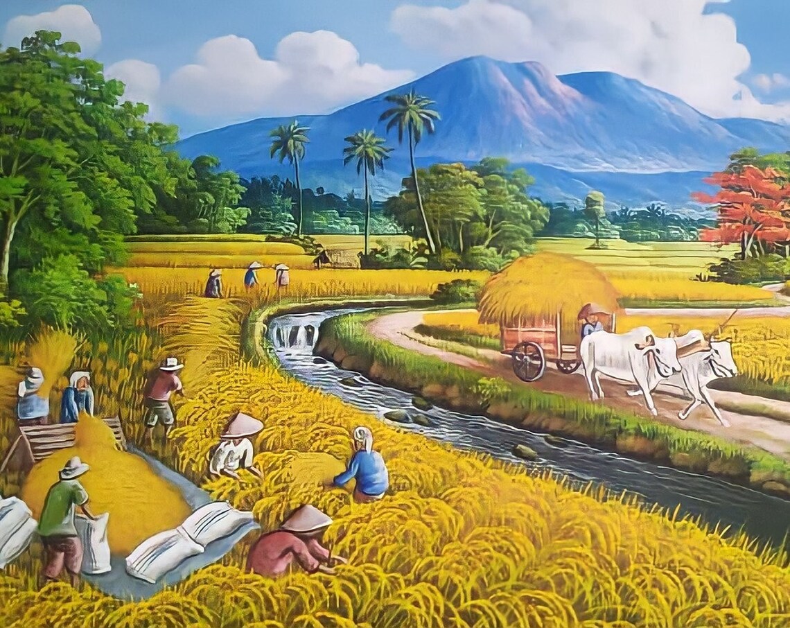 Rice Harvest Landscape Painting, Good Feng Shui Art Print