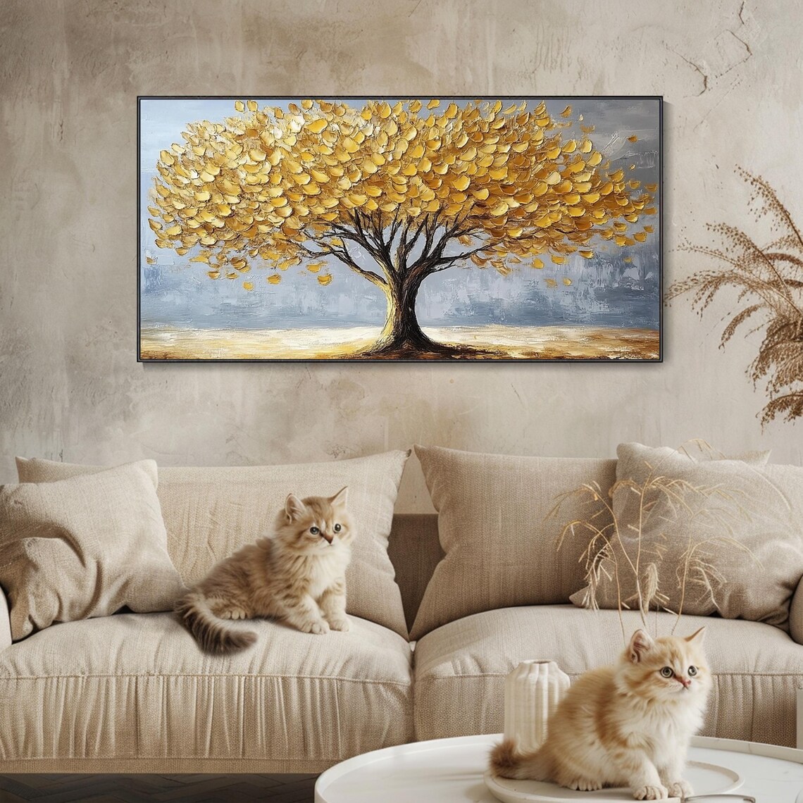 Golden Tree Of Life With Gold Leaves Gray Impasto Textured Poster - Image 3