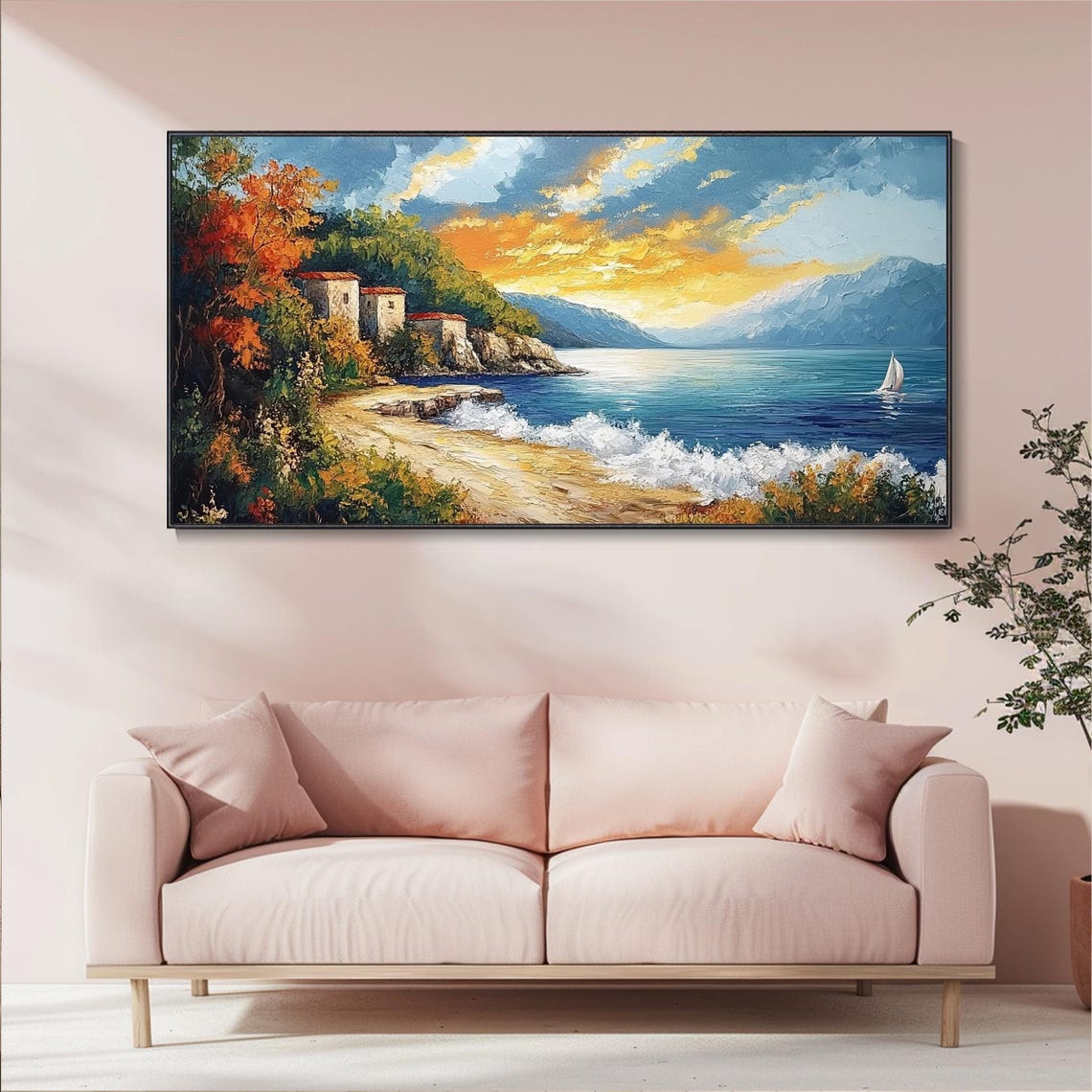 Mediterranean Coastal Village At Sunset Sailboat Waves Impasto Poster - Image 5