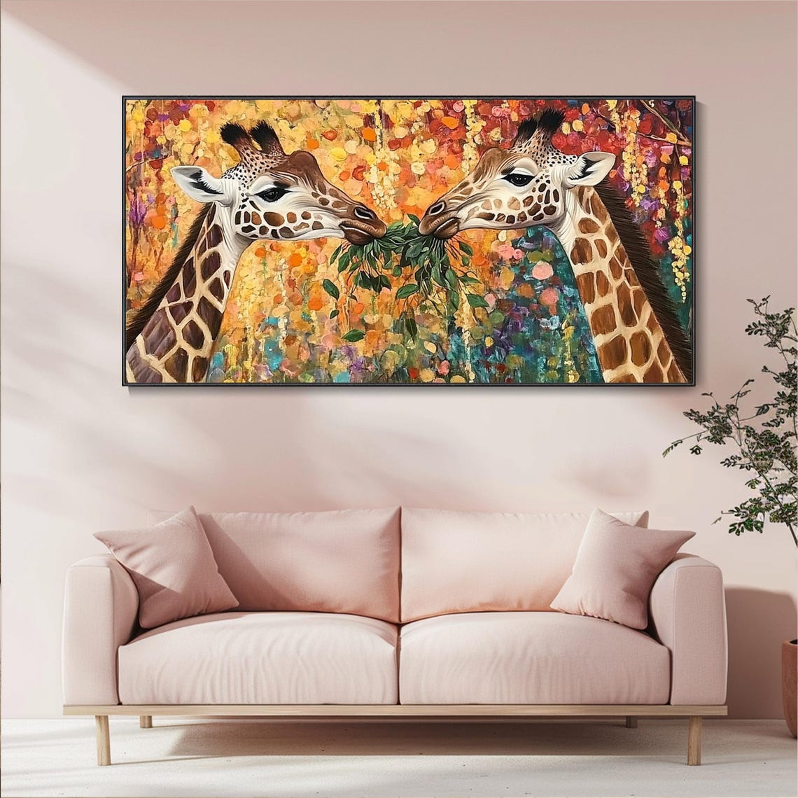 Two Giraffes Sharing Leaves Colorful Floral Wildlife Impasto Poster - Image 5