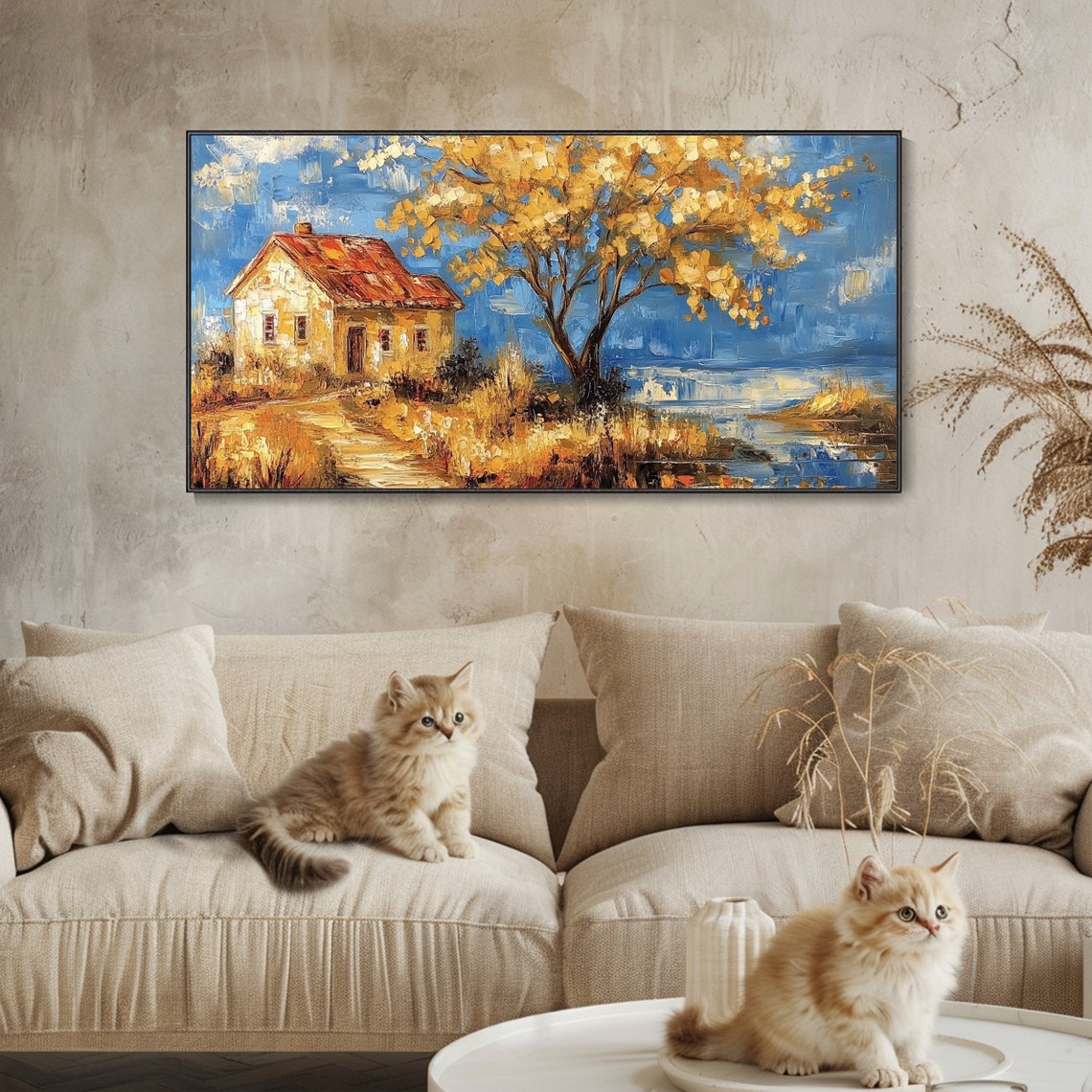 Rustic Cottage by Lake Golden Autumn Tree Textured Landscape Poster - Image 3