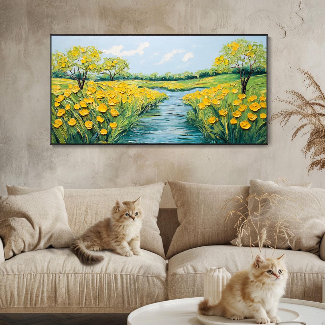 Yellow Flower Field By The Stream Blue Sky Impasto Landscape Poster - Image 3