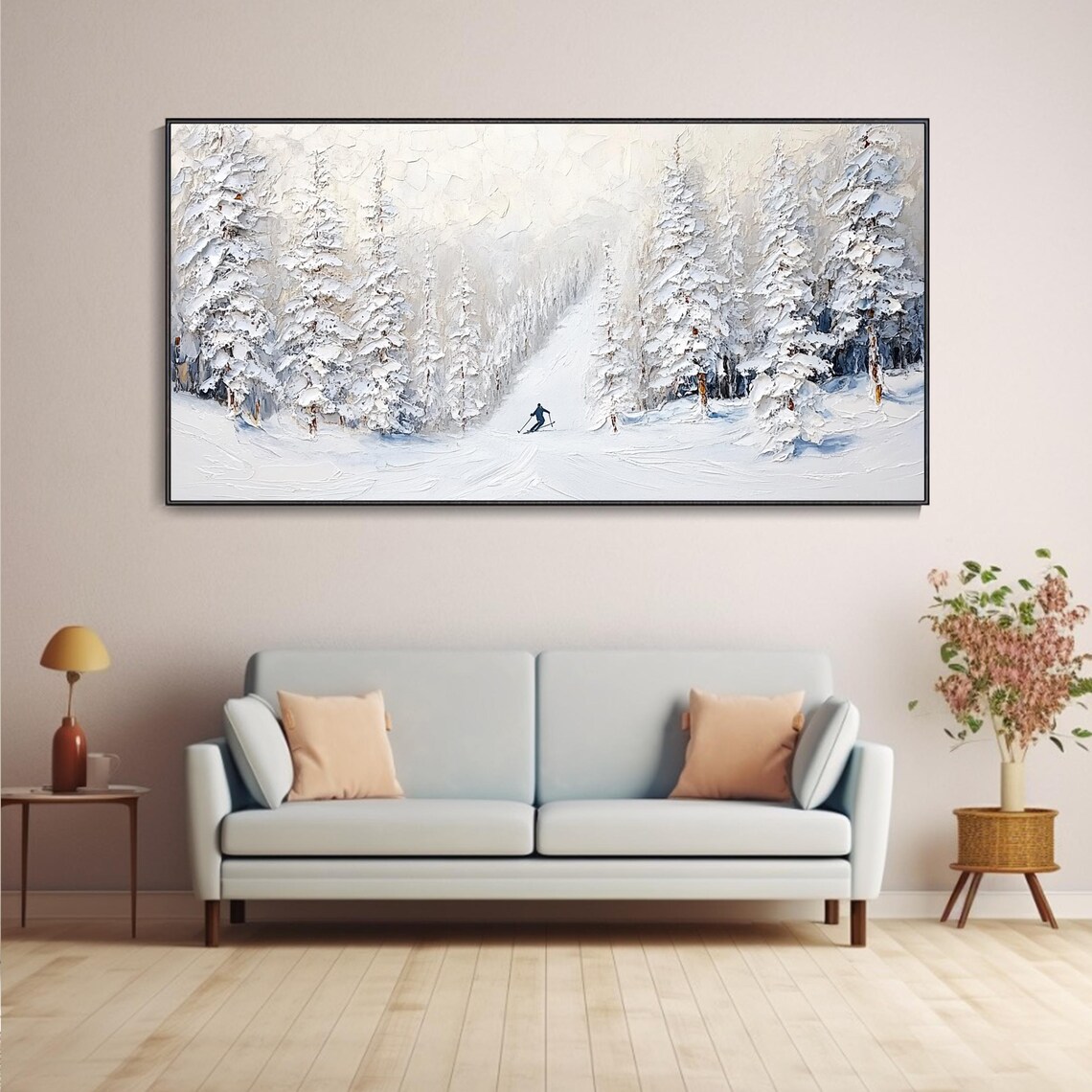 Snowy Pine Tree Forest Painting On Original Ski Sport 3d Texture Wall Art Personalized Gift Snowy Mountain Art White Snow Skiing Art - Image 3