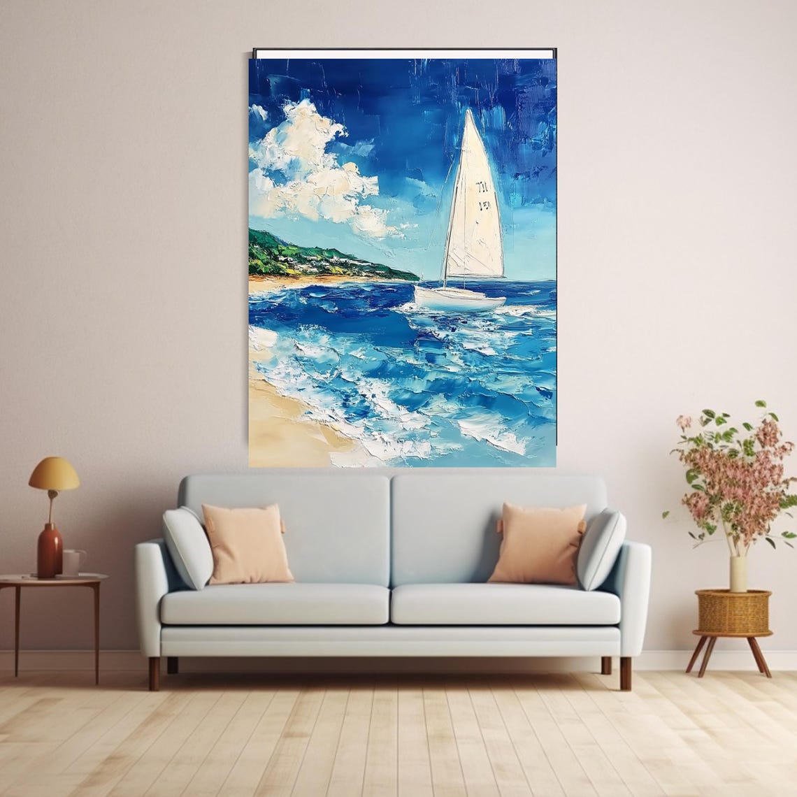 Lone White Sailboat by Sandy Beach Blue Waves Coastal Art Poster - Image 5