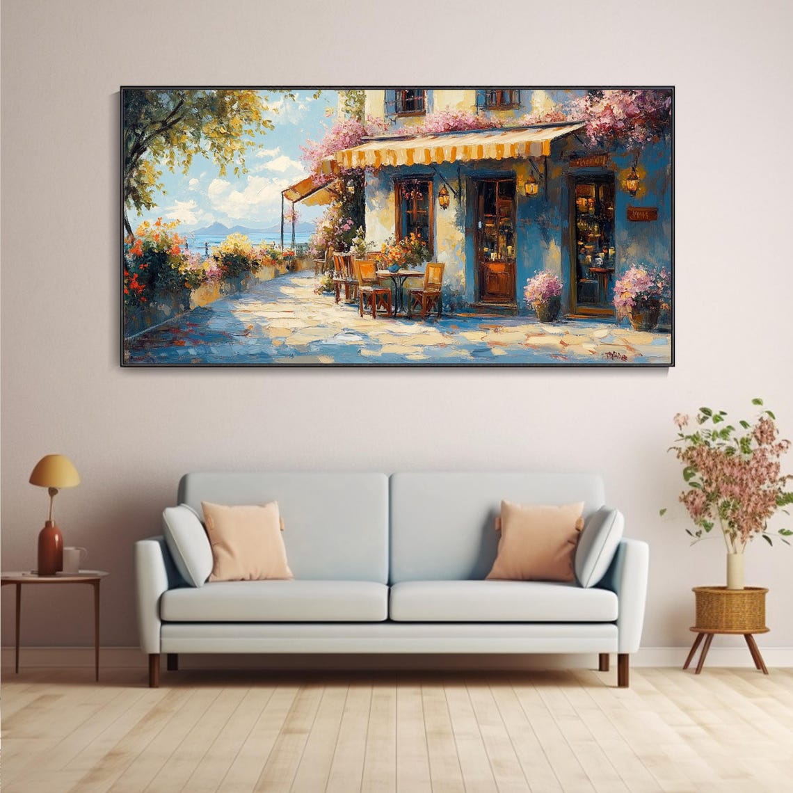Mediterranean Seaside Cafe Blue Facade Coastal Holiday Painting Poster - Image 5