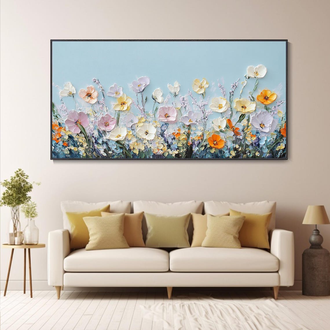 Pastel Wildflower Meadow Soft Blue Sky Panoramic Painting Wall Poster - Image 5