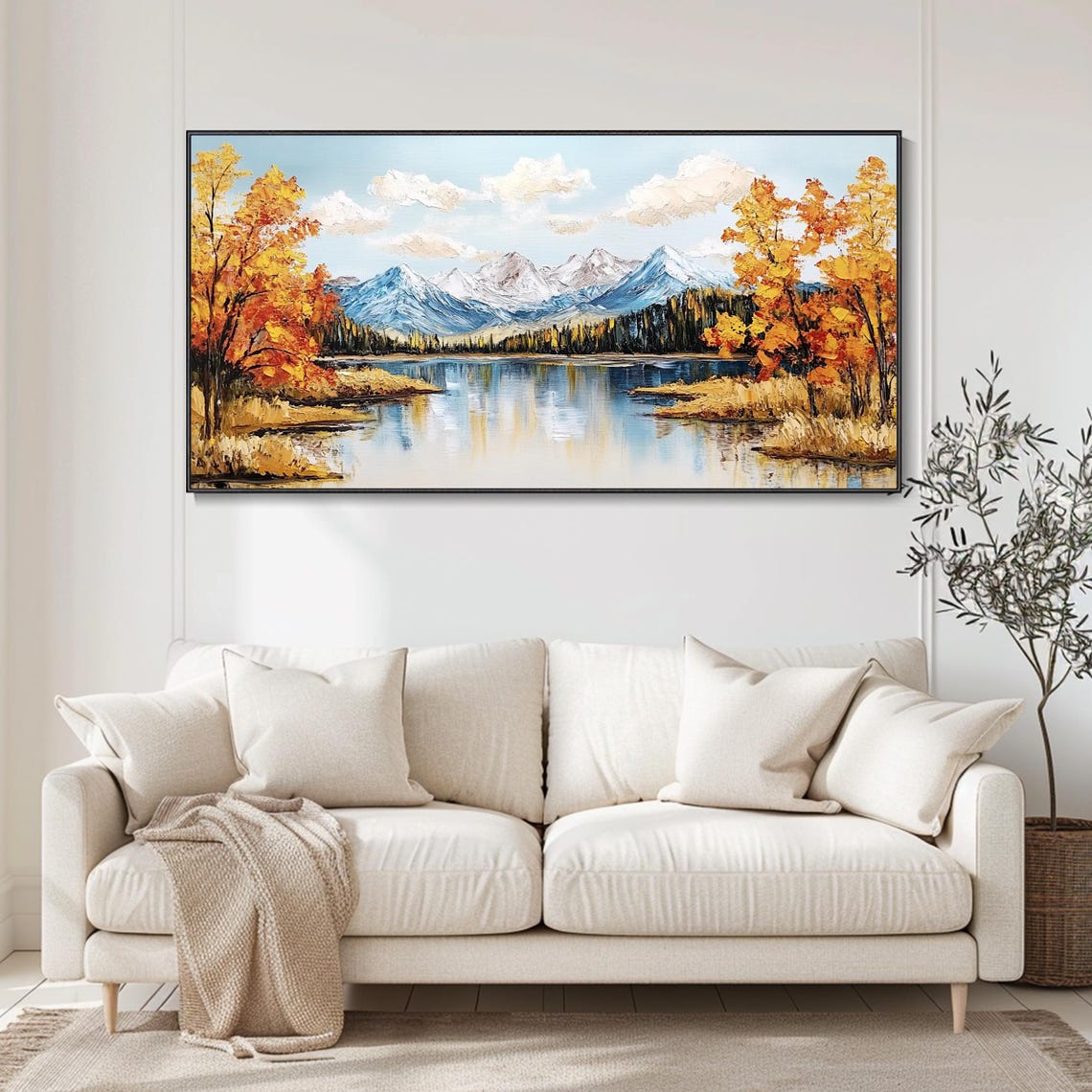 Bright Autumn Lake With Birches Mountain View Painting Poster - Image 3