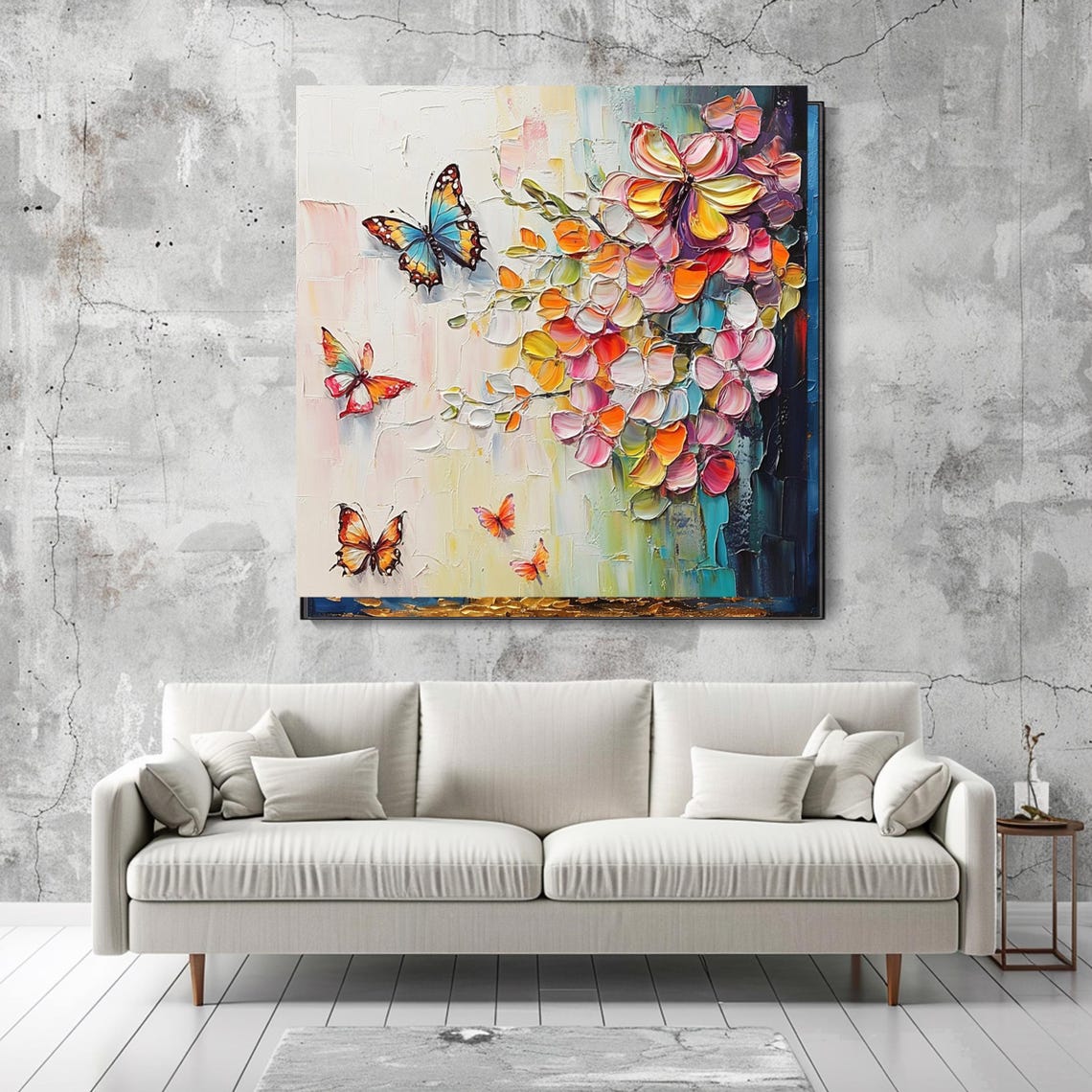 Colorful Blossom Branch with Butterflies Textured Floral Art Poster - Image 3