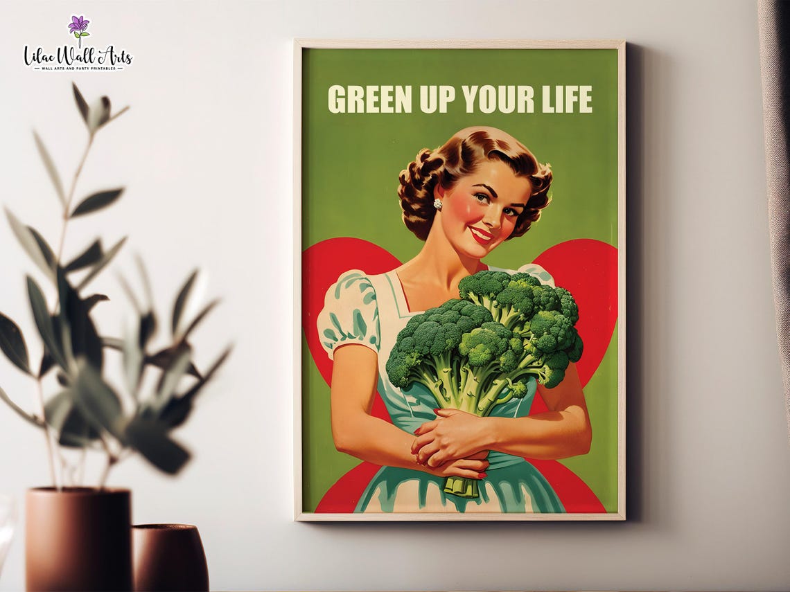 Green Up Your Life Retro Broccoli Vintage Kitchen Health Poster
