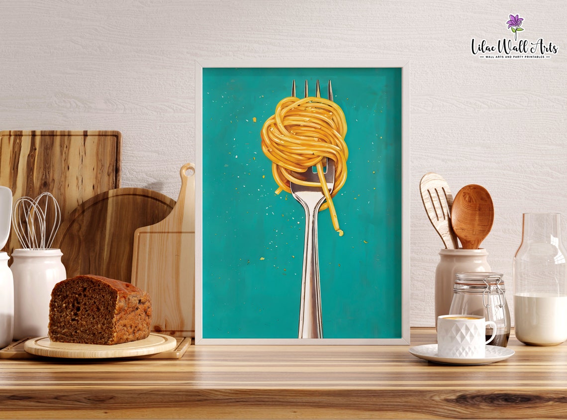 Spaghetti Fork Twirl Pop Art Teal Background Kitchen Food Poster - Image 3