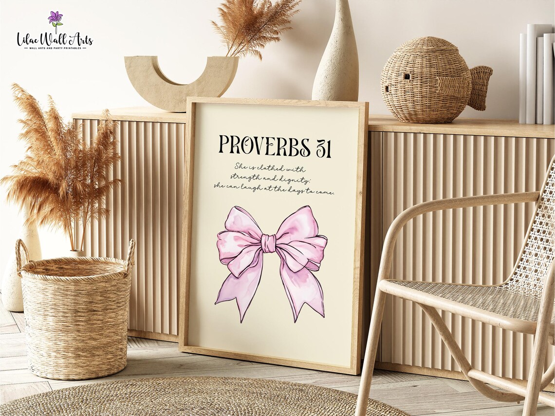 Proverbs 31 Pink Bow Coquette Watercolor Christian Art Poster - Image 3
