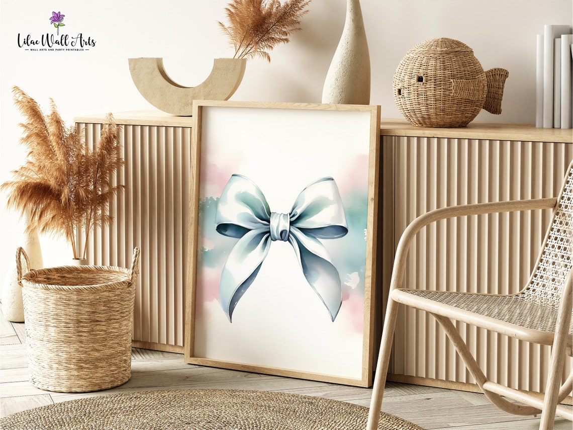 Blue Satin Bow Watercolor Poster Coquette Ribbon Nursery Wall Decor - Image 4
