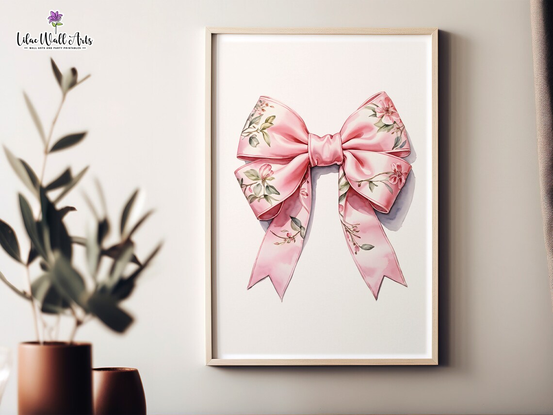 Pink Floral Bow Watercolor Poster Chinoiserie Ribbon Girls Room Art - Image 6