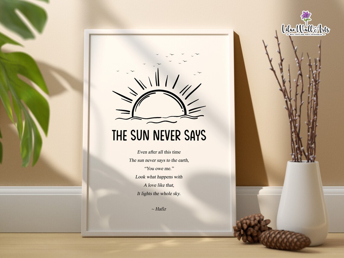 The Sun Never Says Hafiz Poem Rising Sun Line Art Spiritual Quote Poster
