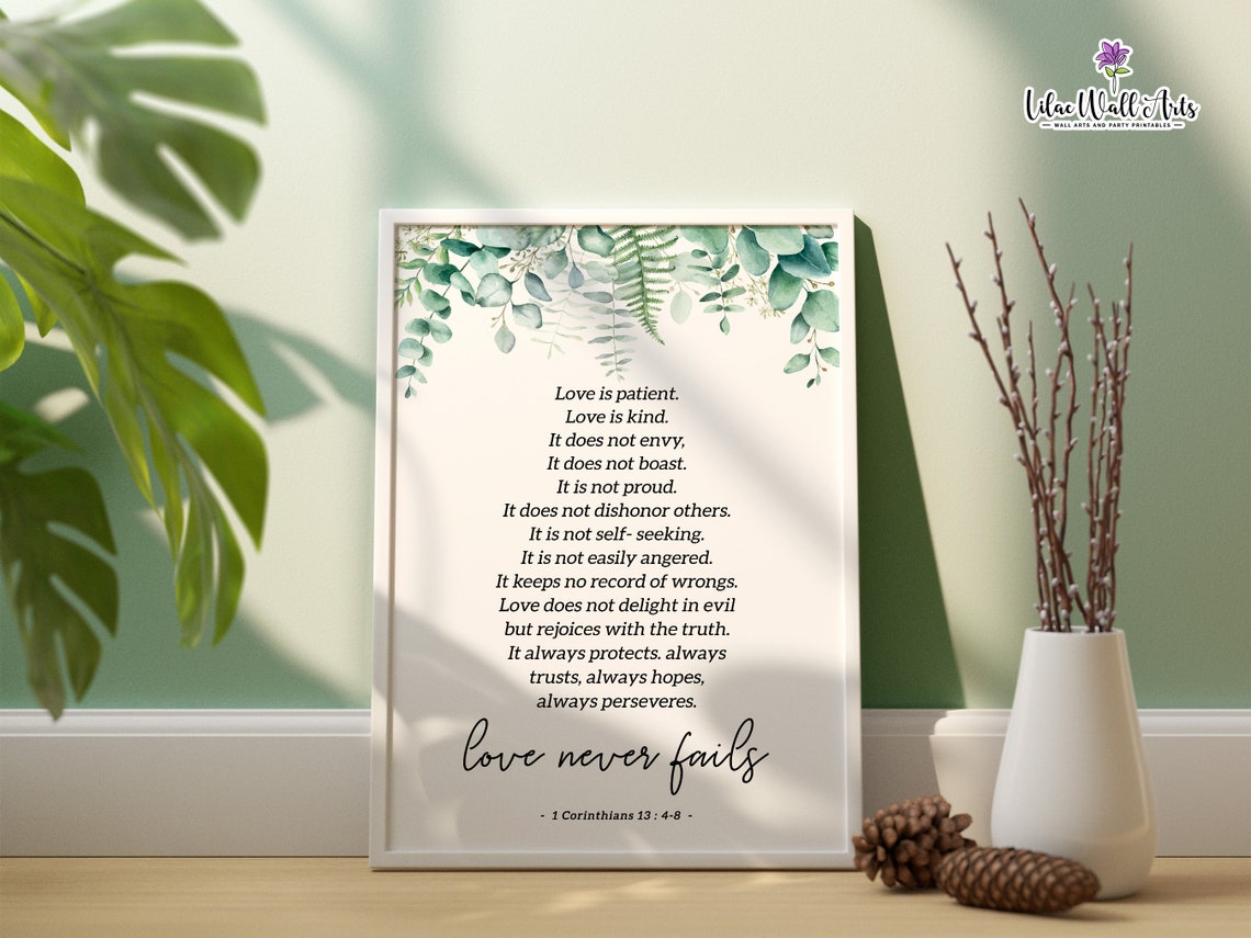 Love Never Fails 1 Corinthians Botanical Eucalyptus Scripture Print - Image 6