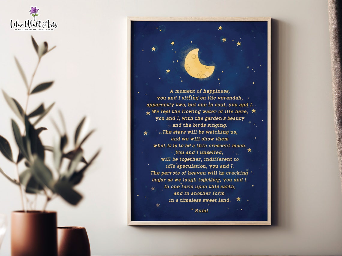 Rumi A Moment of Happiness Poem Poster Moon Stars Night Sky Quote Art